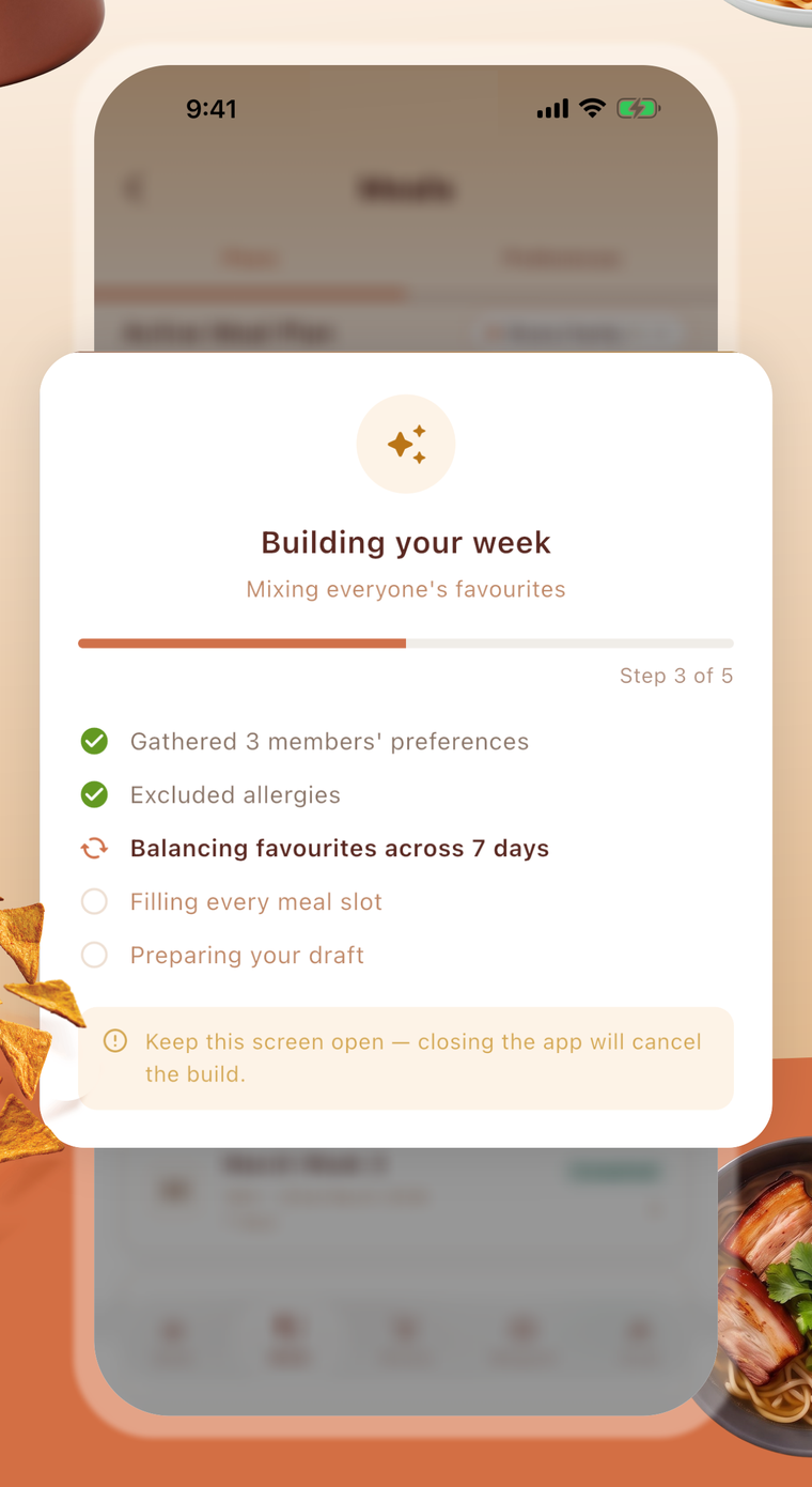 Building your week: gathering preferences, excluding allergies, balancing favourites across 7 days