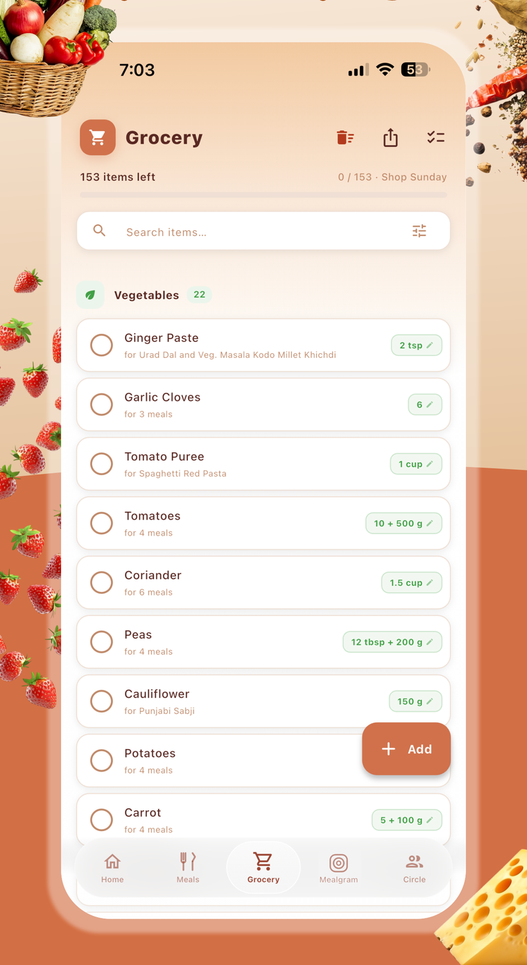 Grocery list from the plan: vegetables with amounts and the meals each is for