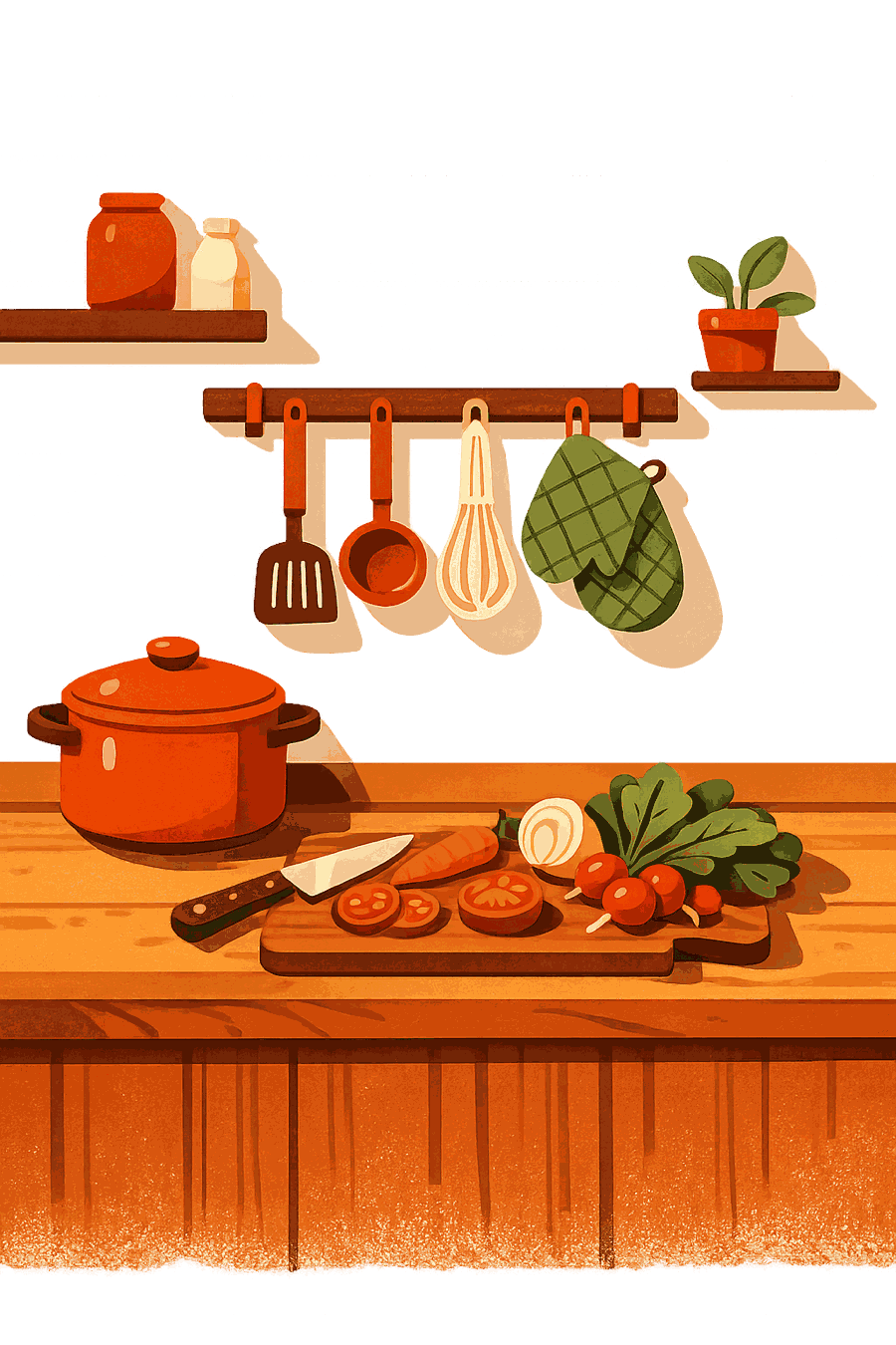 A warm home kitchen with a pot, hanging utensils and fresh vegetables on a chopping board